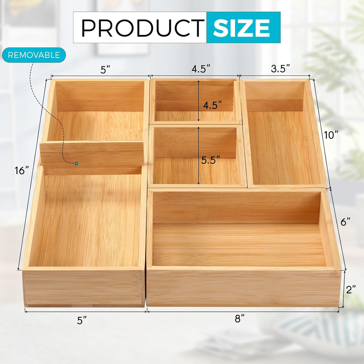 Fabsome Drawer Organizer, Set of 9 Bamboo Wood Kitchen Makeup Desk Junk Tea Drawer Storage Boxes Bins for Cutlery Silverware Utensils Flatware, Small Wooden Container Tray for Bathroom, Office