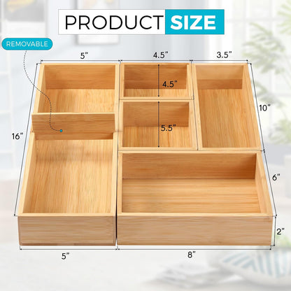 Fabsome Drawer Organizer, Set of 9 Bamboo Wood Kitchen Makeup Desk Junk Tea Drawer Storage Boxes Bins for Cutlery Silverware Utensils Flatware, Small Wooden Container Tray for Bathroom, Office