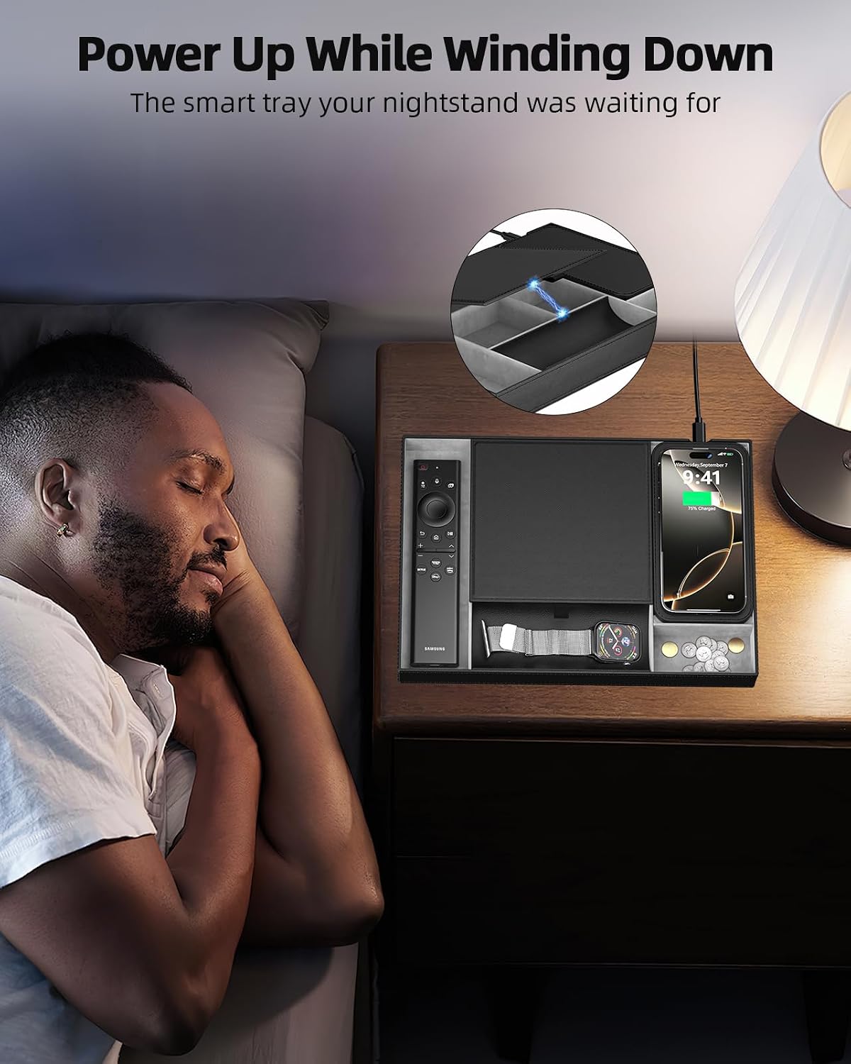 Leather Valet Tray with Wireless Charging Pad - Luxury EDC Nightstand Organizer for Men - Premium Desk Tray for Phone, Watch, Glasses & Keys - Sleek Office Desk Accessories & Gift for Him, Brown