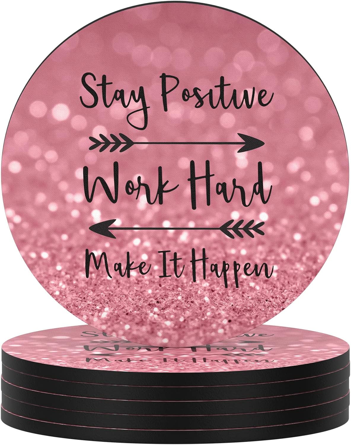 Nipichsha Coasters for Drinks, Set of 6 Cute Absorbent Rubber Drink Coasters for Cup with Non Slip Backing, Kitchen Home Decor Housewarming Gift, Round 4 in, Work Hard