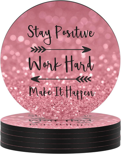Nipichsha Coasters for Drinks, Set of 6 Cute Absorbent Rubber Drink Coasters for Cup with Non Slip Backing, Kitchen Home Decor Housewarming Gift, Round 4 in, Work Hard