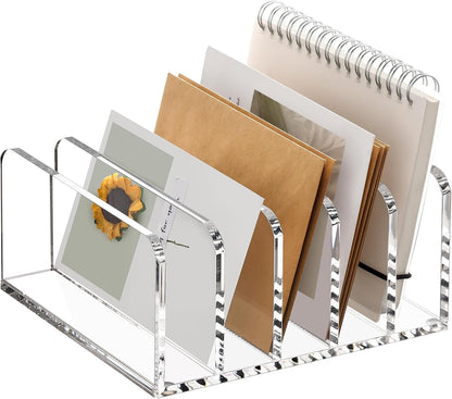 SANRUI Acrylic Mail Sorter Desktop Organizer Holder with Drawer, 5 Compartments Clear Small File Script Letter Document Storage for Desk Bill Filling Envelope Holder Office, Home, School Organization