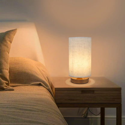 Small Bedside Table Lamp for Bedroom,Natural Round Wood Base&Fabric Linen Shade,Cozy Night Table Light for Study Reading,Minimalist Boho Desk Lamp for Nightstand,Living Room,Nursery,Kitchen,Dorm