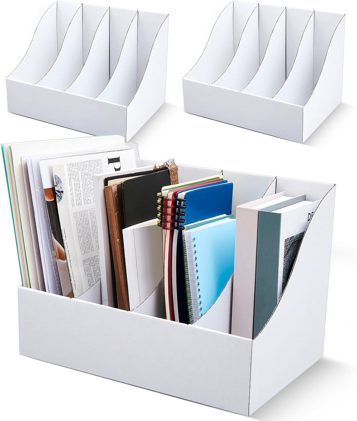 3 Pack Cardboard Magazine File Holders 12 Grids Vertical Book Bins 10.6'' x 10.2'' x 14'' Magazine Document Storage Box for Desk Shelves Home Office Classroom Library Use (White)