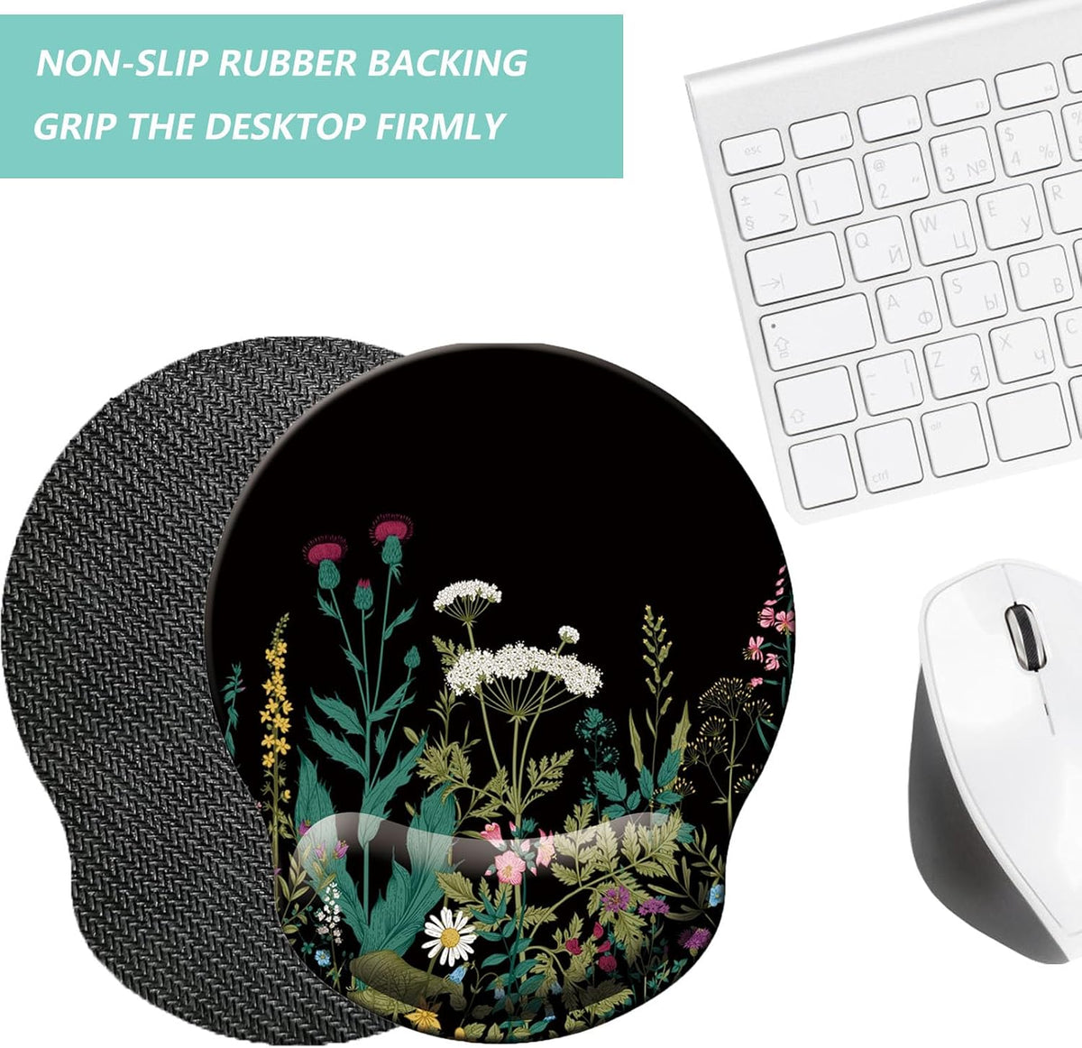Mouse Pad with Wrist Support, Ergonomic Mouse Pad with Memory Foam Wrist Rest Cushion, Non-Slip Rubber Base Gaming Mice Pad for Home Office Computer Laptop, Flower Black