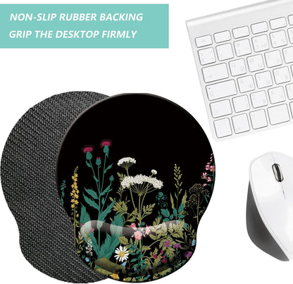Mouse Pad with Wrist Support, Ergonomic Mouse Pad with Memory Foam Wrist Rest Cushion, Non-Slip Rubber Base Gaming Mice Pad for Home Office Computer Laptop, Flower Black