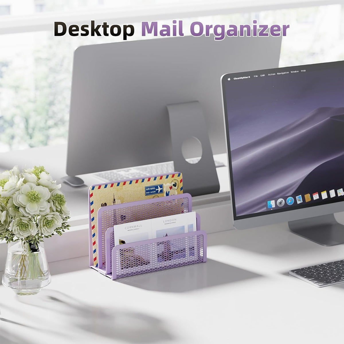 Marbrasse Mail Organizer for Desk, 3-Slot Mesh Metal Mail Holder countertop, Letter Holder, Office Desktop Envelope and Document Storage Rack (2P)