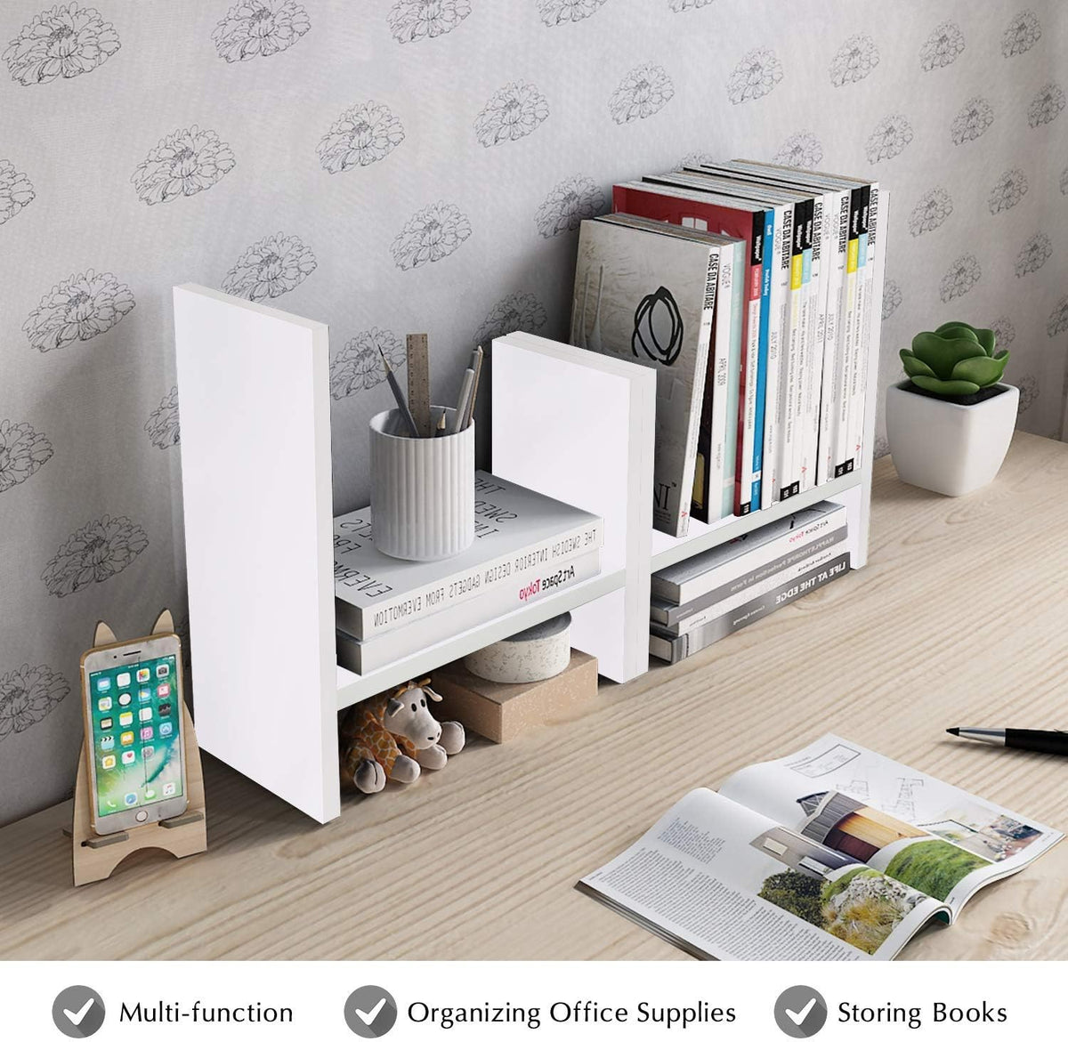 Jerry & Maggie Desktop Organizer Office Storage Rack Adjustable Wood Display Shelf Free Style Double H, Multi-Functional Mini Bookshelf for Desk Natural Stand (White)