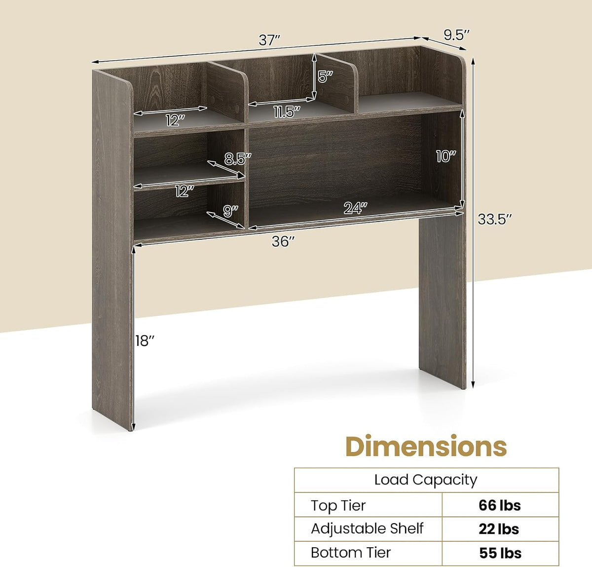 Desktop Bookshelf, Countertop Storage Hutch with 5 Shelves for Computer Desk, Desk 3-Tier Display Rack, Multipurpose Wood Desktop Hutch Storage Organizer for Dorm Office Home