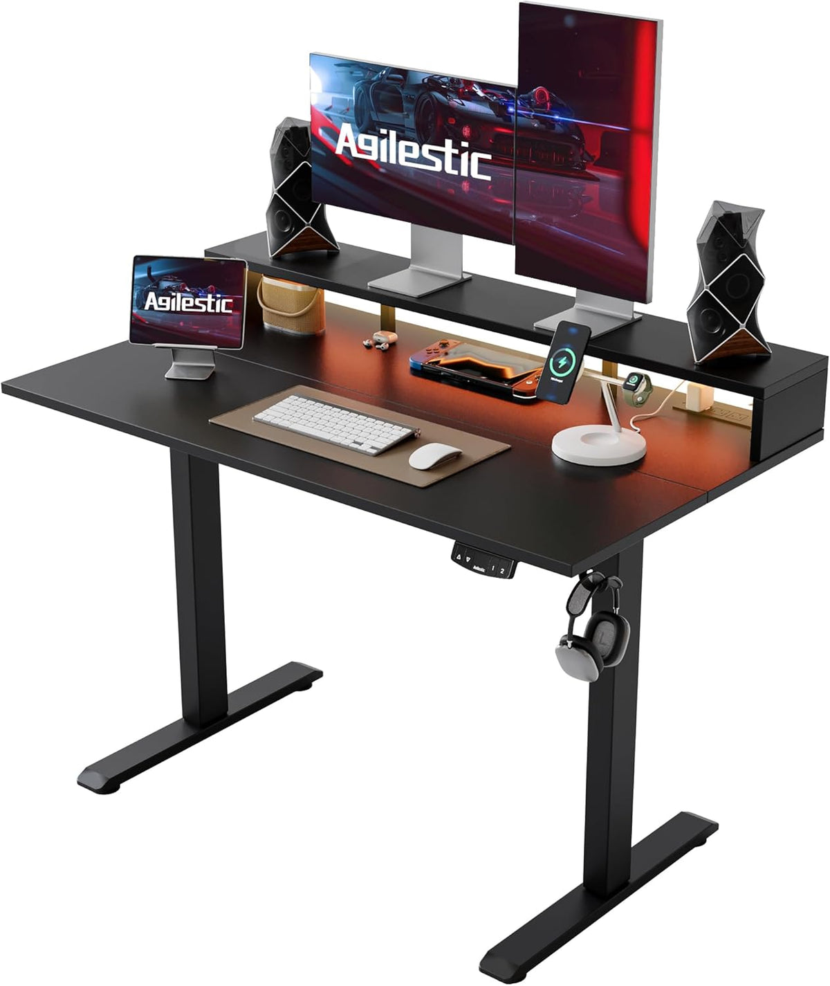 48 * 24 Inch Electric Standing Desk with Shelf & Led, Dark Walnut