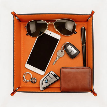 Valet Tray Desktop Storage Organizer – Vegan Leather Catchall Bedside Vanity Tray Nightstand Caddy Holder for Remote Controller, Watch, Keys, Phone, Wallet, Coin, Jewelry (Orange/Black)