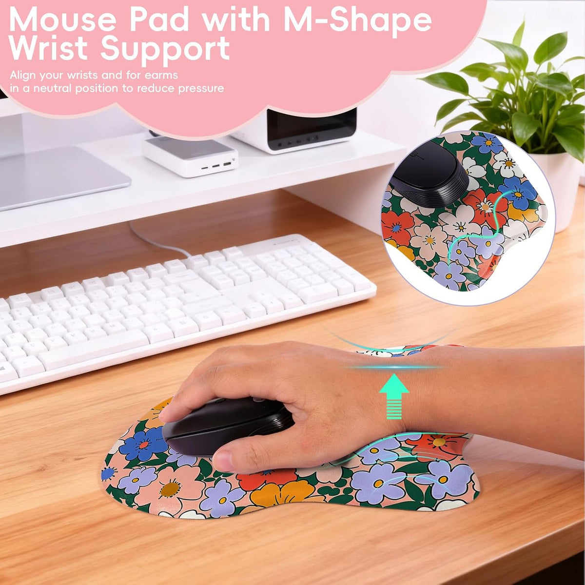 Wrist Support Mouse Pad Anti Slip Rubber Wrist Rest Mousepad 9in X 8in Small Desktop Notebook Mouse Mat for Working and Gaming (M-Pink Floral)