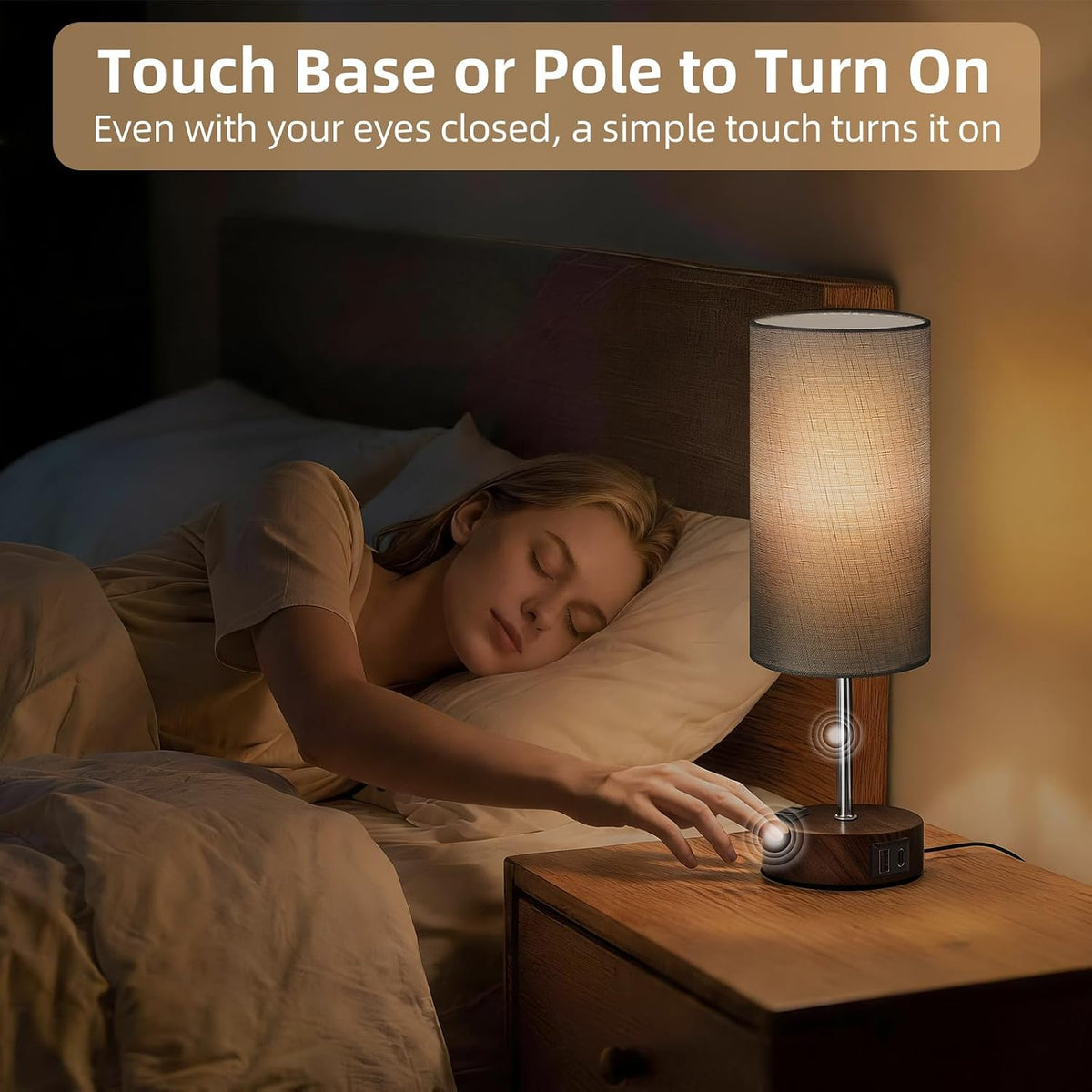 Table Lamp for Nightstand, High-Sensitivity Touch, 3-Level Dimmable Bedside Lamp with AC Outlet | USB | and USB-C, Ideal Night Stand Lamp for Bedroom, Reading, Living Room(Warm&Wooden)