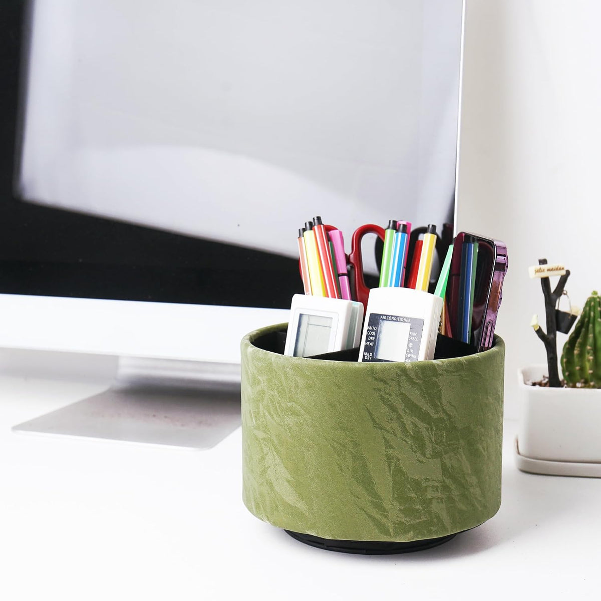 Round Leather Art Supply Organizer,Remote Control Holder,360 Degree Rotating,Multi-Functional Pencil Holder,4 Compartments Desktop Stationary Organizer(1-Blue Bird) - Colors C
