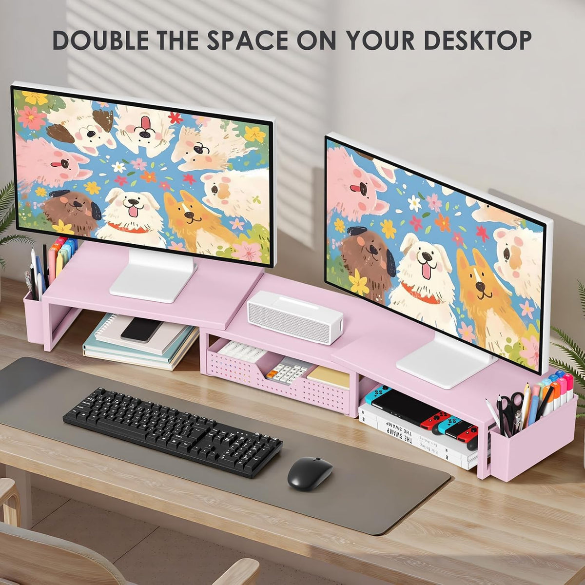 OPNICE Desk Organizers and Accessories, Dual Monitor Stand Riser with Drawer and 2 Pen Holders, Desk Shelf Metal Computer Racks for Office Workspace Organizers, Desktop Organization (Black Metal)