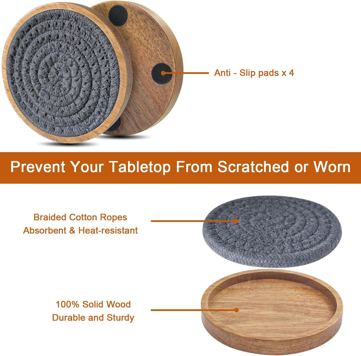 Wood Coasters for Drinks, Eykao Absorbent Coaster Sets of 5, Woven Drink Coasters for Coffee Table, Housewarming Gift for Farmhouse Home Decor,4 inches