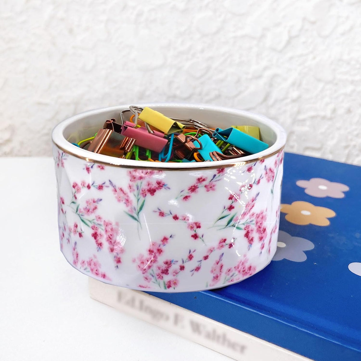 Paper Clip Holder Ceramic Paper Clip Holders Floral Paperclips Holder Dispenser Cute Gold Line Paper Clip Organizer for Desk Binder Clip Holder Bobby Pin Hair Clip Holder Gift for Office Pink Flowers