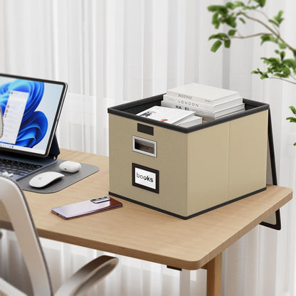 Upgraded Portable File Organizer Box with Lid, Collapsible Linen Hanging Filing Storage Boxes with Plastic Slides, Decorative Home/Office Filing System Box for File and Folders Storage (Gray)