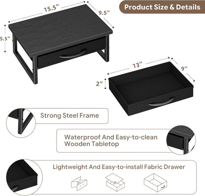 Ekisemio 2-Tier Monitor Stand with Fabric Drawer – Wood and Metal Computer Riser, Desk Organizer for Office, Black