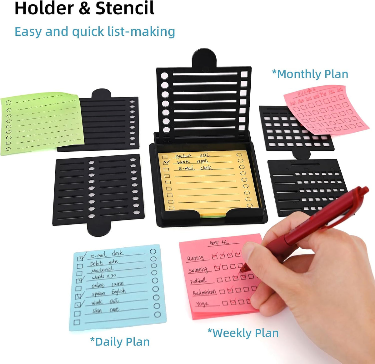 Sticky Note Holder and Stencil Compatible with 3x3 Post It Notes