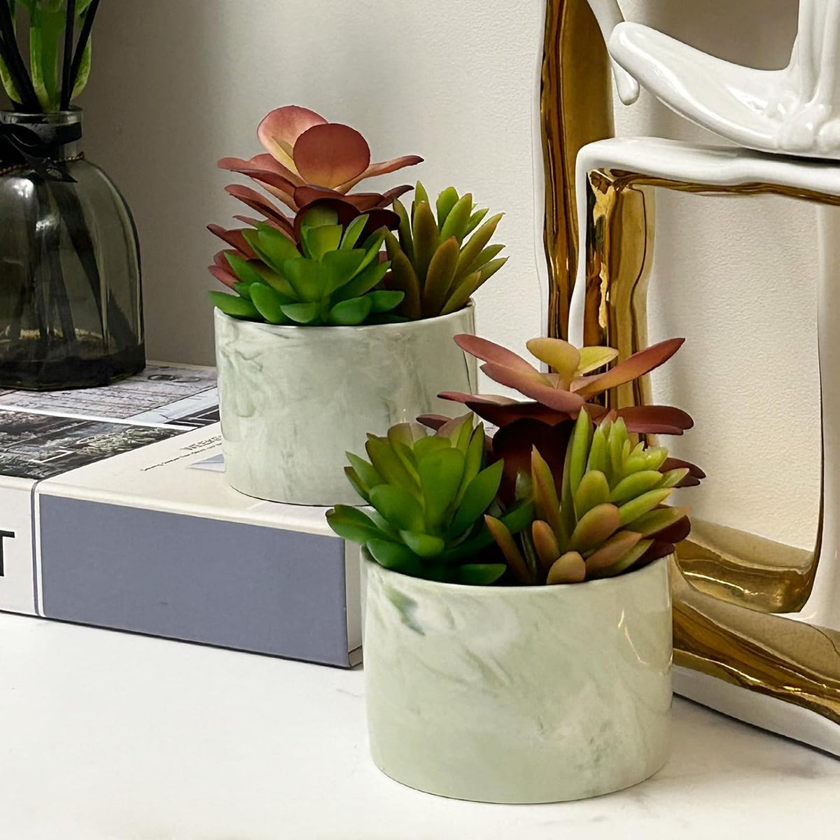 Artificial Plants Cute Colourful Succulents in Ceramic Planter Fake Plant Flowers Potted for Home Living Room Office Desk Decor Bathroom Bedroom Indoor Decoration