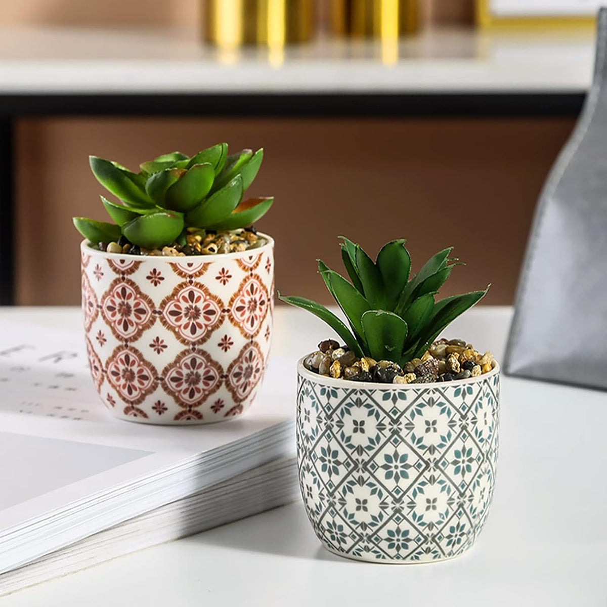 Artificial Plants Cute Colourful Succulents in Ceramic Planter Fake Plant Flowers Potted for Home Living Room Office Desk Decor Bathroom Bedroom Indoor Decoration