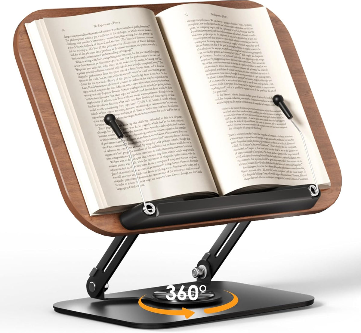 Book Stand for Reading, Adjustable Book Holder with 360° Rotating Bases, Foldable Designs, and Elastic Clips, Multifunctional Display Stand for Recipe, Cookbooks, Magazines, Tablets, Laptops