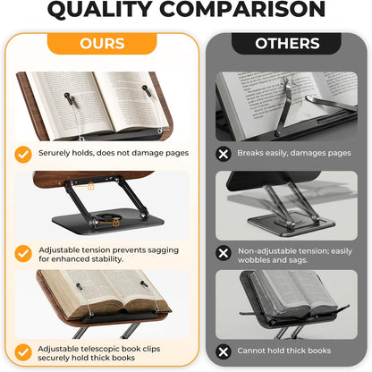 Book Stand for Reading, Adjustable Book Holder with 360° Rotating Bases, Foldable Designs, and Elastic Clips, Multifunctional Display Stand for Recipe, Cookbooks, Magazines, Tablets, Laptops