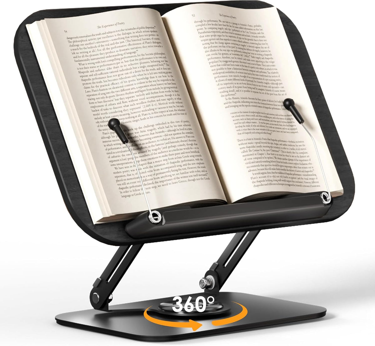 Book Stand for Reading, Adjustable Book Holder with 360° Rotating Bases, Foldable Designs, and Elastic Clips, Multifunctional Display Stand for Recipe, Cookbooks, Magazines, Tablets, Laptops