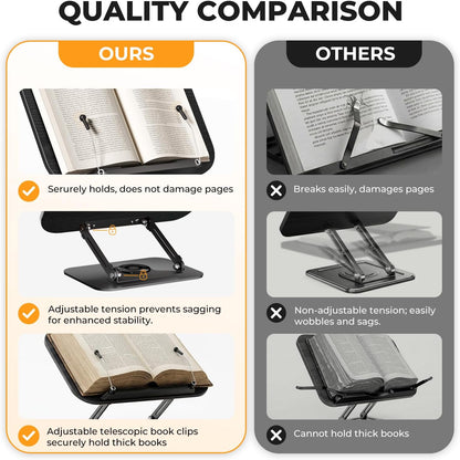 Book Stand for Reading, Adjustable Book Holder with 360° Rotating Bases, Foldable Designs, and Elastic Clips, Multifunctional Display Stand for Recipe, Cookbooks, Magazines, Tablets, Laptops