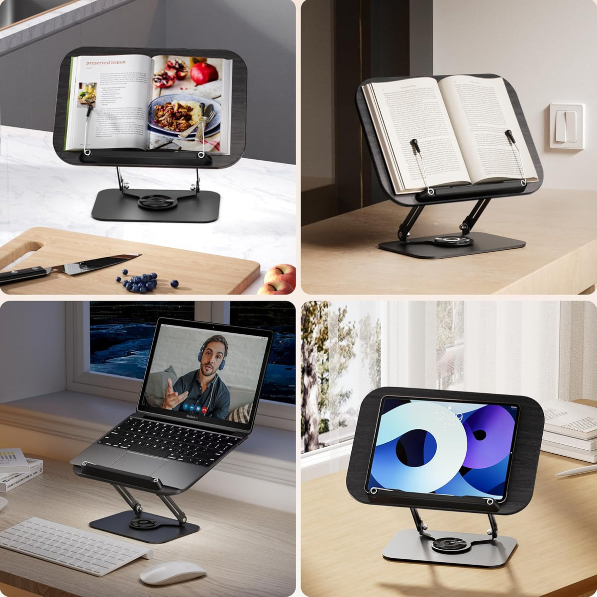 Book Stand for Reading, Adjustable Book Holder with 360° Rotating Bases, Foldable Designs, and Elastic Clips, Multifunctional Display Stand for Recipe, Cookbooks, Magazines, Tablets, Laptops