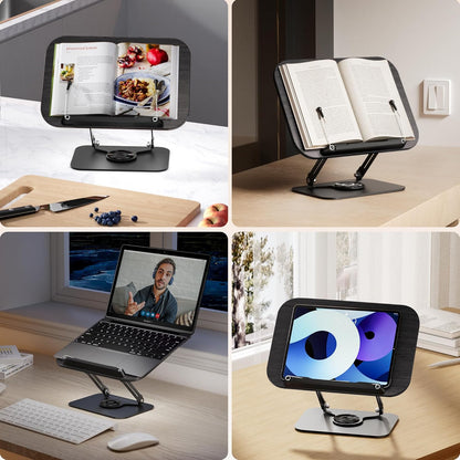 Book Stand for Reading, Adjustable Book Holder with 360° Rotating Bases, Foldable Designs, and Elastic Clips, Multifunctional Display Stand for Recipe, Cookbooks, Magazines, Tablets, Laptops