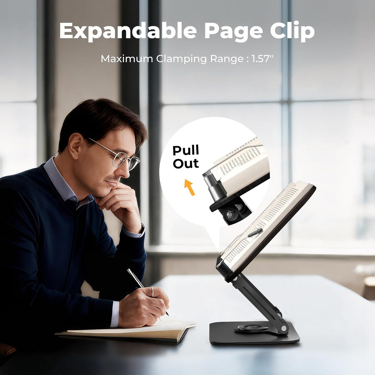 Book Stand for Reading, Adjustable Book Holder with 360° Rotating Bases, Foldable Designs, and Elastic Clips, Multifunctional Display Stand for Recipe, Cookbooks, Magazines, Tablets, Laptops