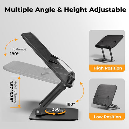Book Stand for Reading, Adjustable Book Holder with 360° Rotating Bases, Foldable Designs, and Elastic Clips, Multifunctional Display Stand for Recipe, Cookbooks, Magazines, Tablets, Laptops