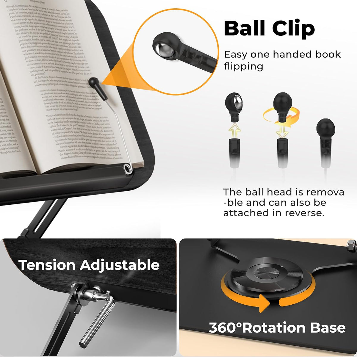 Book Stand for Reading, Adjustable Book Holder with 360° Rotating Bases, Foldable Designs, and Elastic Clips, Multifunctional Display Stand for Recipe, Cookbooks, Magazines, Tablets, Laptops