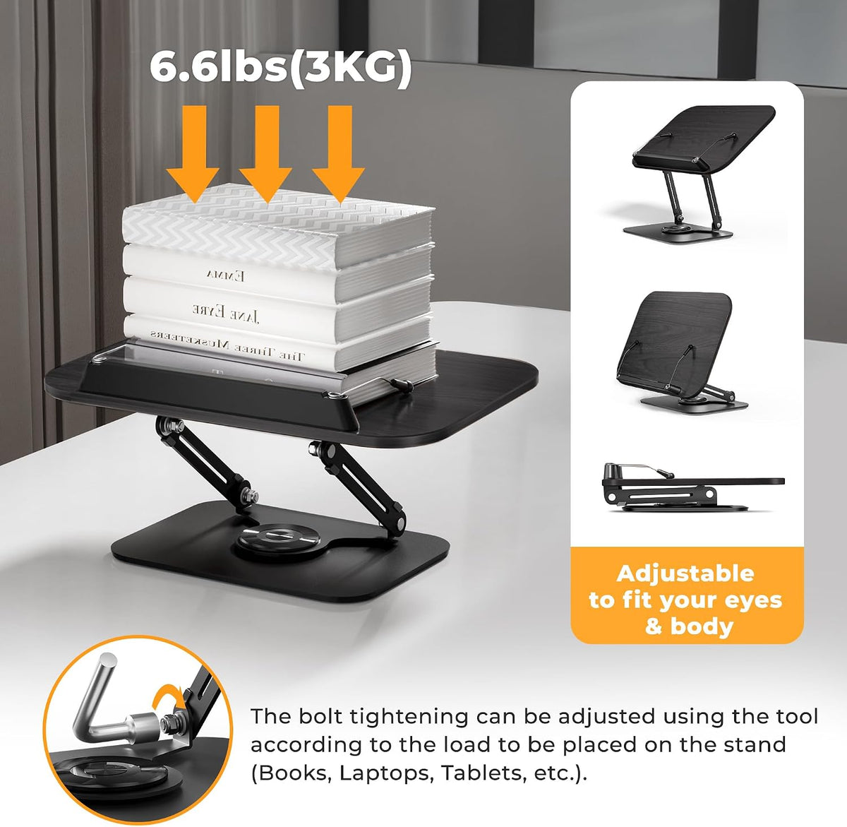 Book Stand for Reading, Adjustable Book Holder with 360° Rotating Bases, Foldable Designs, and Elastic Clips, Multifunctional Display Stand for Recipe, Cookbooks, Magazines, Tablets, Laptops