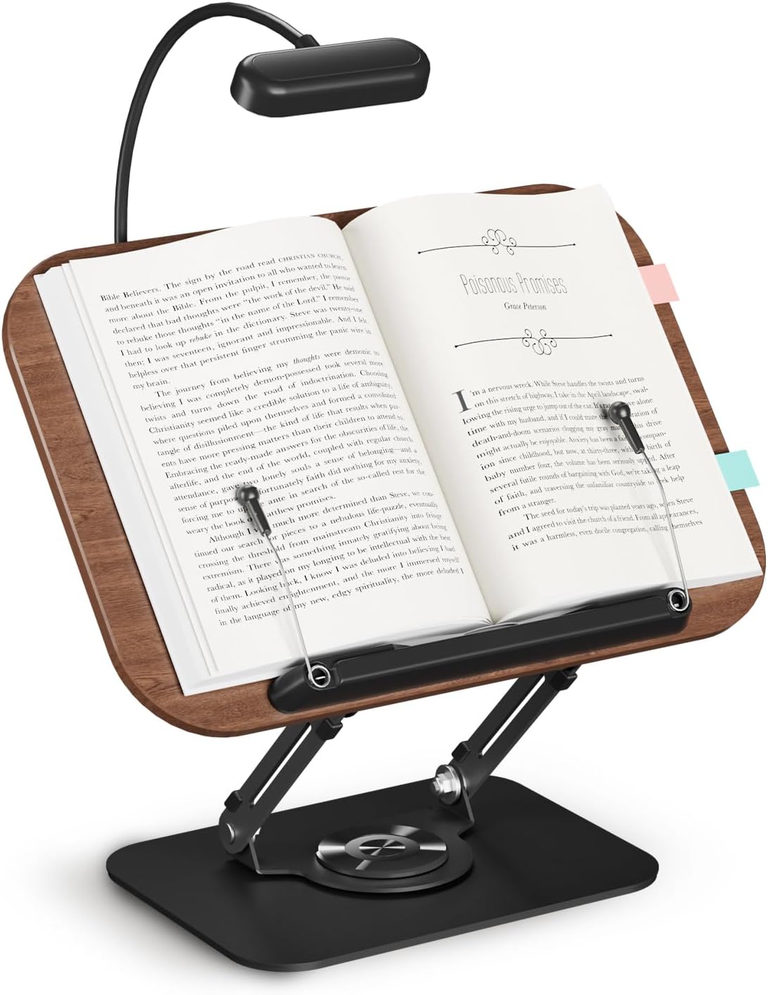 Book Stand for Reading, Adjustable Book Holder with 360° Rotating Bases, Foldable Designs, and Elastic Clips, Multifunctional Display Stand for Recipe, Cookbooks, Magazines, Tablets, Laptops