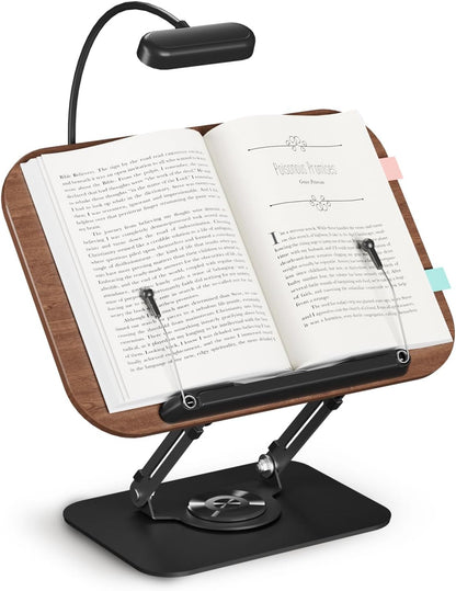 Book Stand for Reading, Adjustable Book Holder with 360° Rotating Bases, Foldable Designs, and Elastic Clips, Multifunctional Display Stand for Recipe, Cookbooks, Magazines, Tablets, Laptops