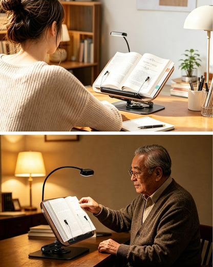 Book Stand for Reading, Adjustable Book Holder with 360° Rotating Bases, Foldable Designs, and Elastic Clips, Multifunctional Display Stand for Recipe, Cookbooks, Magazines, Tablets, Laptops
