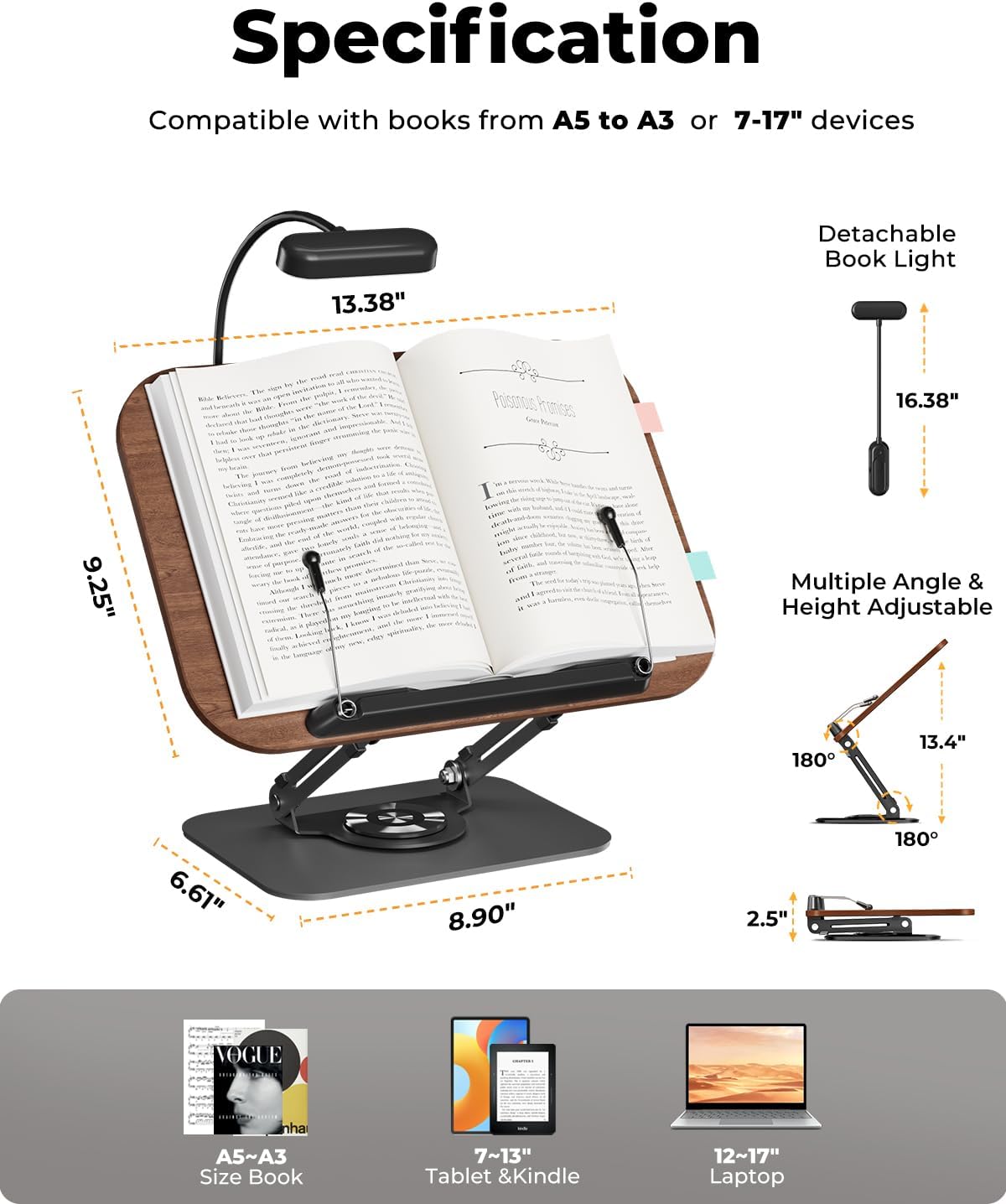 Book Stand for Reading, Adjustable Book Holder with 360° Rotating Bases, Foldable Designs, and Elastic Clips, Multifunctional Display Stand for Recipe, Cookbooks, Magazines, Tablets, Laptops