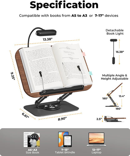 Book Stand for Reading, Adjustable Book Holder with 360° Rotating Bases, Foldable Designs, and Elastic Clips, Multifunctional Display Stand for Recipe, Cookbooks, Magazines, Tablets, Laptops