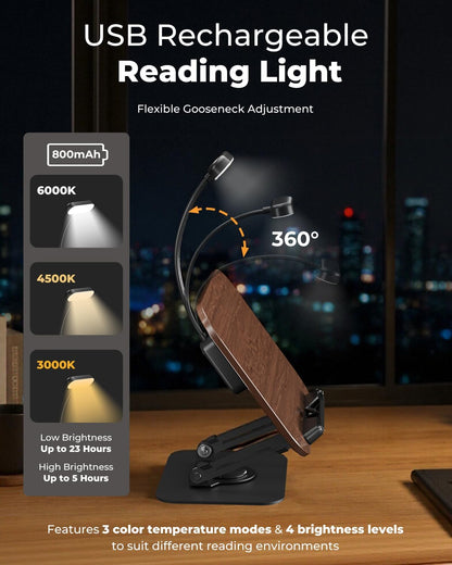 Book Stand for Reading, Adjustable Book Holder with 360° Rotating Bases, Foldable Designs, and Elastic Clips, Multifunctional Display Stand for Recipe, Cookbooks, Magazines, Tablets, Laptops