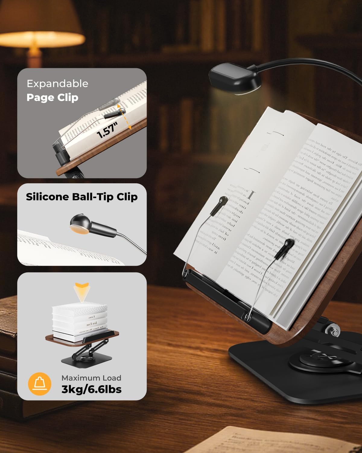 Book Stand for Reading, Adjustable Book Holder with 360° Rotating Bases, Foldable Designs, and Elastic Clips, Multifunctional Display Stand for Recipe, Cookbooks, Magazines, Tablets, Laptops