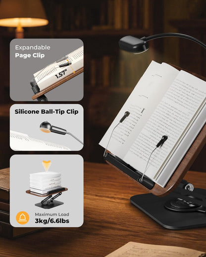 Book Stand for Reading, Adjustable Book Holder with 360° Rotating Bases, Foldable Designs, and Elastic Clips, Multifunctional Display Stand for Recipe, Cookbooks, Magazines, Tablets, Laptops