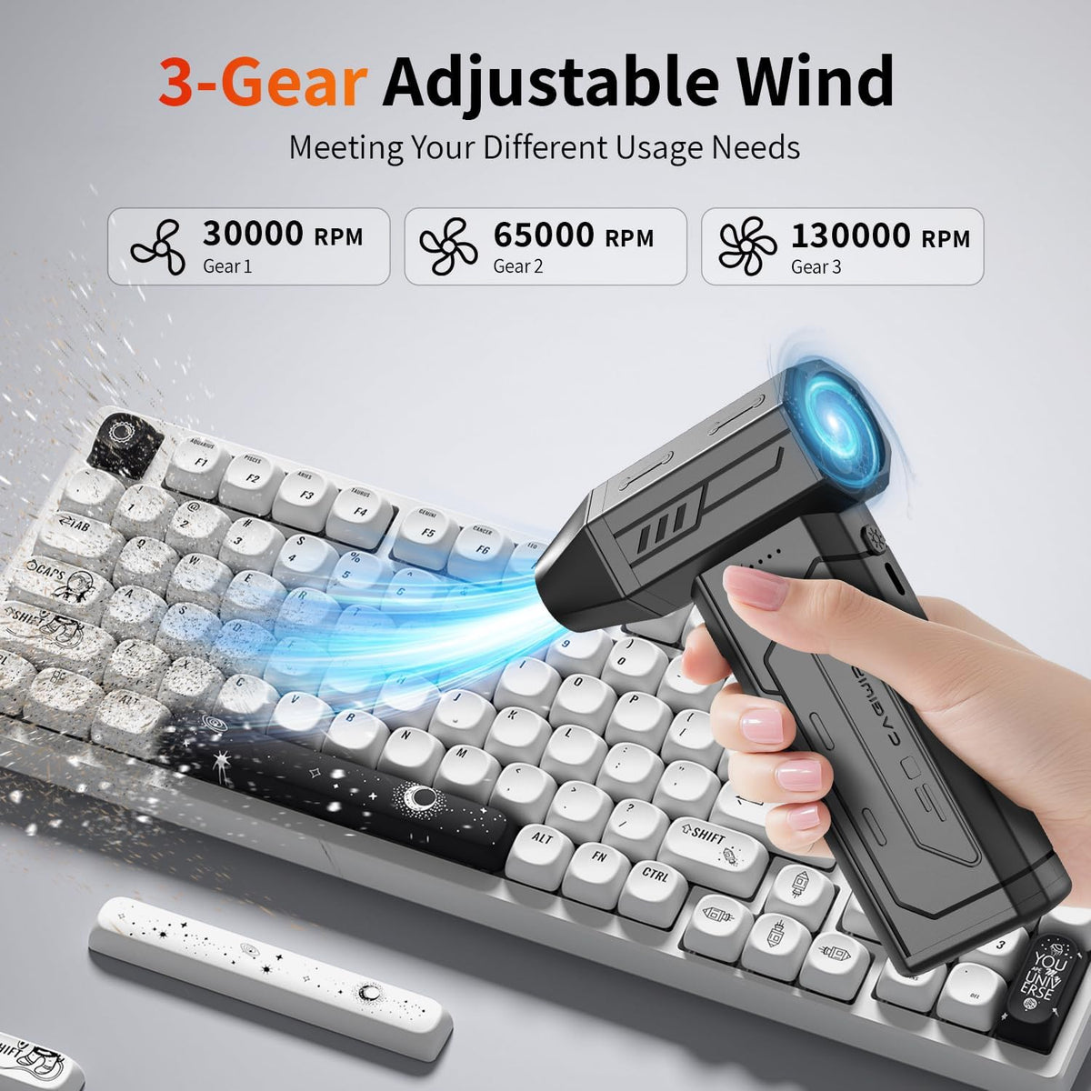 Compressed Air Duster,130000RPM Super Power Cordless Air Duster,Rechargeable Brushless Blower,3 Gear Adjustable Blower with LED Light,Dust Remover for Computer/House/Outdoor/Car