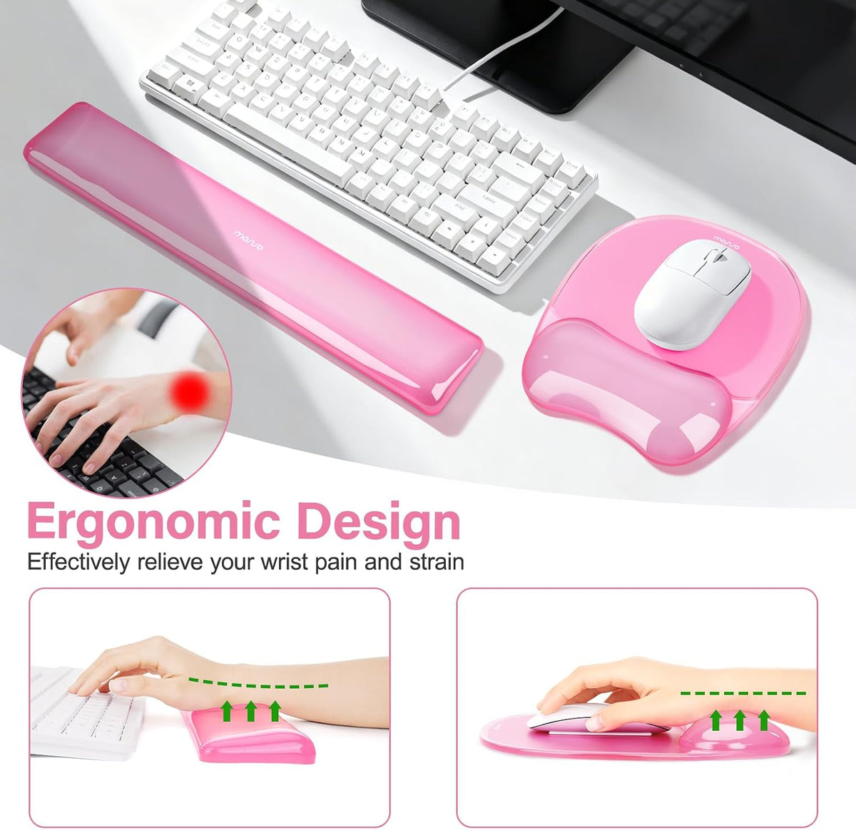 Cooling Gel Wrist Rest Support for Mouse Pad&Keyboard Set, Pink