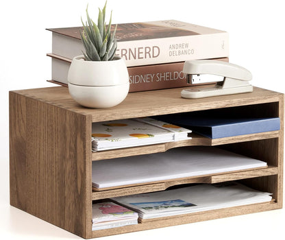 Wooden Desk Organizer 3-Tier Letter Tray and Paper Sorter, Brown