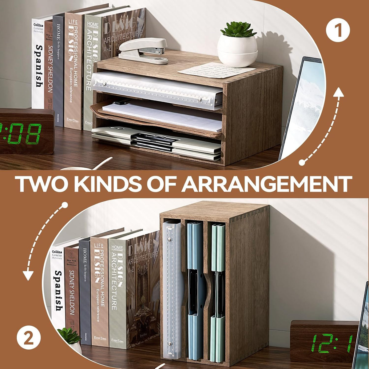 Wooden Desk Organizer 3-Tier Letter Tray and Paper Sorter, Brown