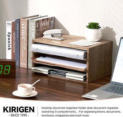 Wooden Desk Organizer 3-Tier Letter Tray and Paper Sorter, Brown