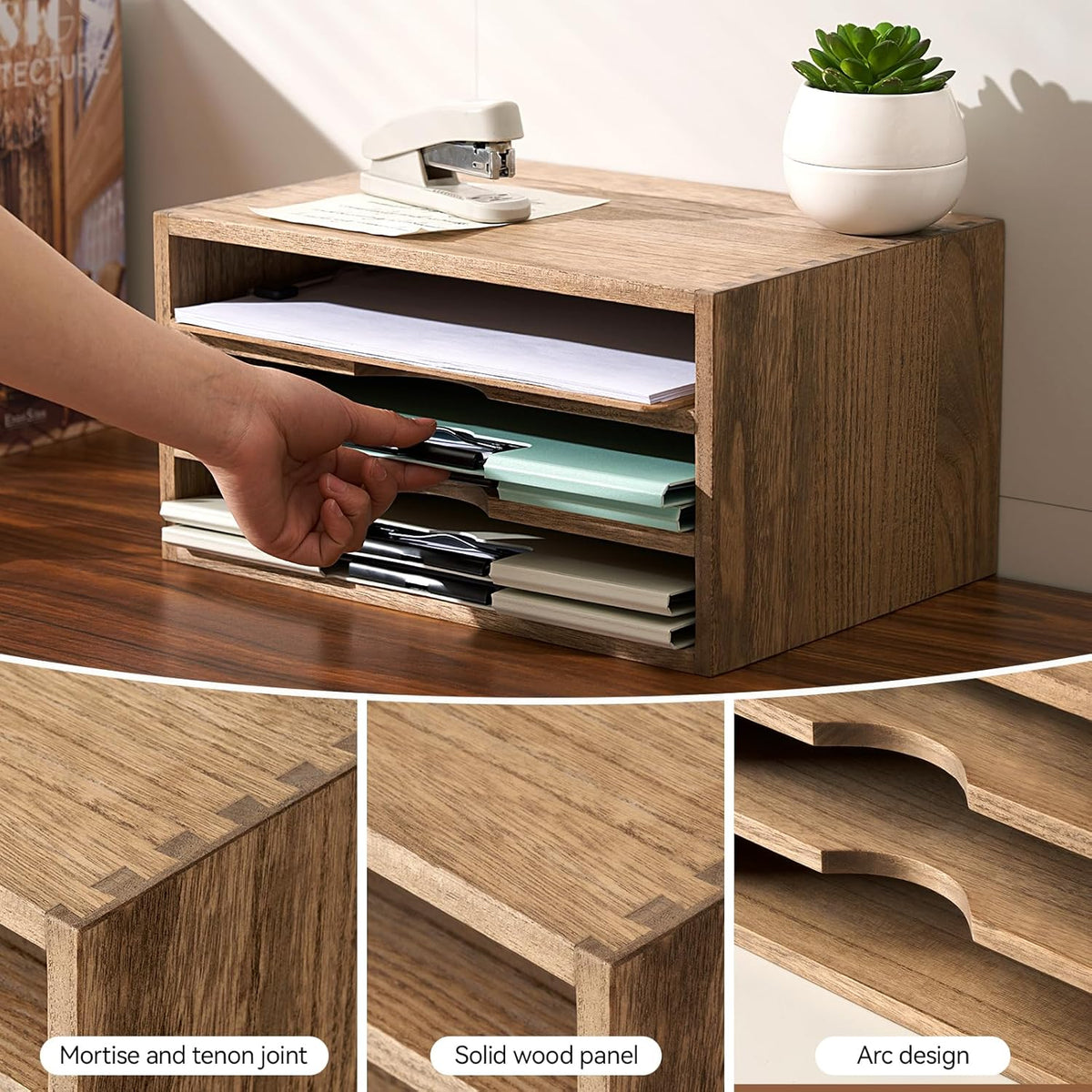 Wooden Desk Organizer 3-Tier Letter Tray and Paper Sorter, Brown